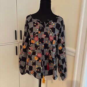 Plaid Checked Embroidered Boho Peasant Top Tassels - Size Medium